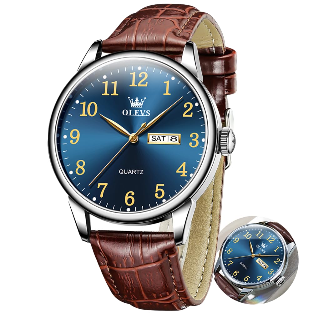 OLEVS Orologi in pelle da uomo, orologi classici di facile lettura, analogico, a