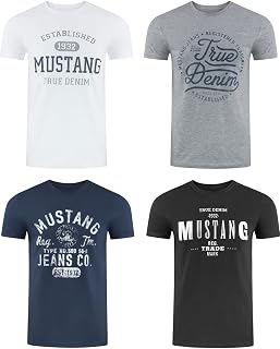 Mustang Men's T-shirt, Pack of 4, Front Print, Round Neck, Short Sleeves, Regular Fit, 100% Cotton, Black, White, Grey, Blue, Green, S, M, L, XL, XXL, 3XL, 4XL, 5XL, 6XL