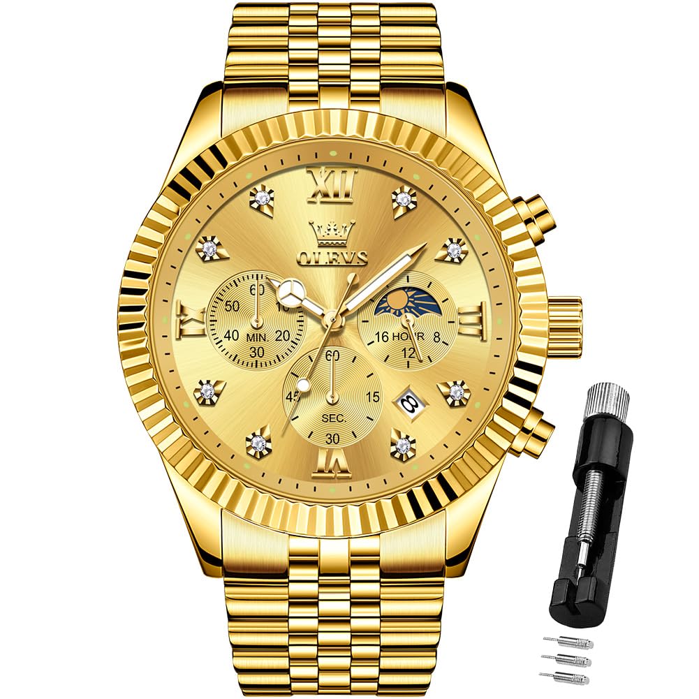 OLEVS Mens Chronograph Diamond Stainless Steel Analog Multifunction Big Dial Wat