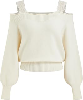CIDER Suéteres de hombro descubierto para mujer, con ribete de encaje, manga larga, suéter de punto, suéter de moda para otoño