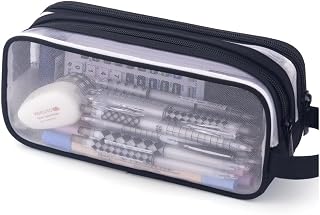 Deyaah Large Clear Mesh Pencil Case Pouch, 2 Compartment Pen Bag Multifunction Pencil Pouch Transparent Makeup Bag for Teen Student College Business Travel Office Adult (Black)