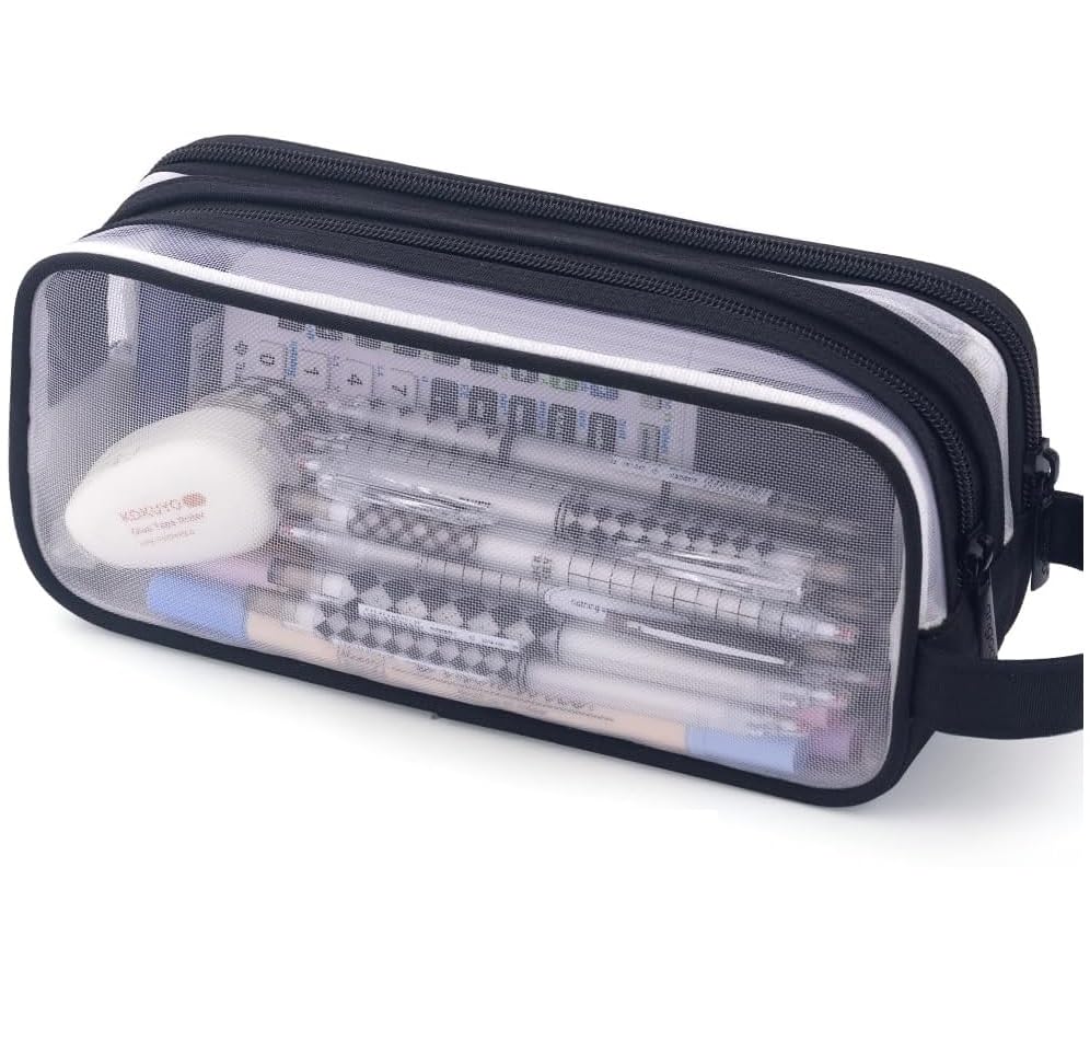 Deyaah Large Clear Mesh Pencil Case Pouch, 2 Compartment Pen Bag Multifunction P