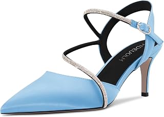HDEUOLM Women's Needle Mid Heel Pointed Toe Sandals Slingback Diamond Crystal Party Cute 6.5 CM Heels