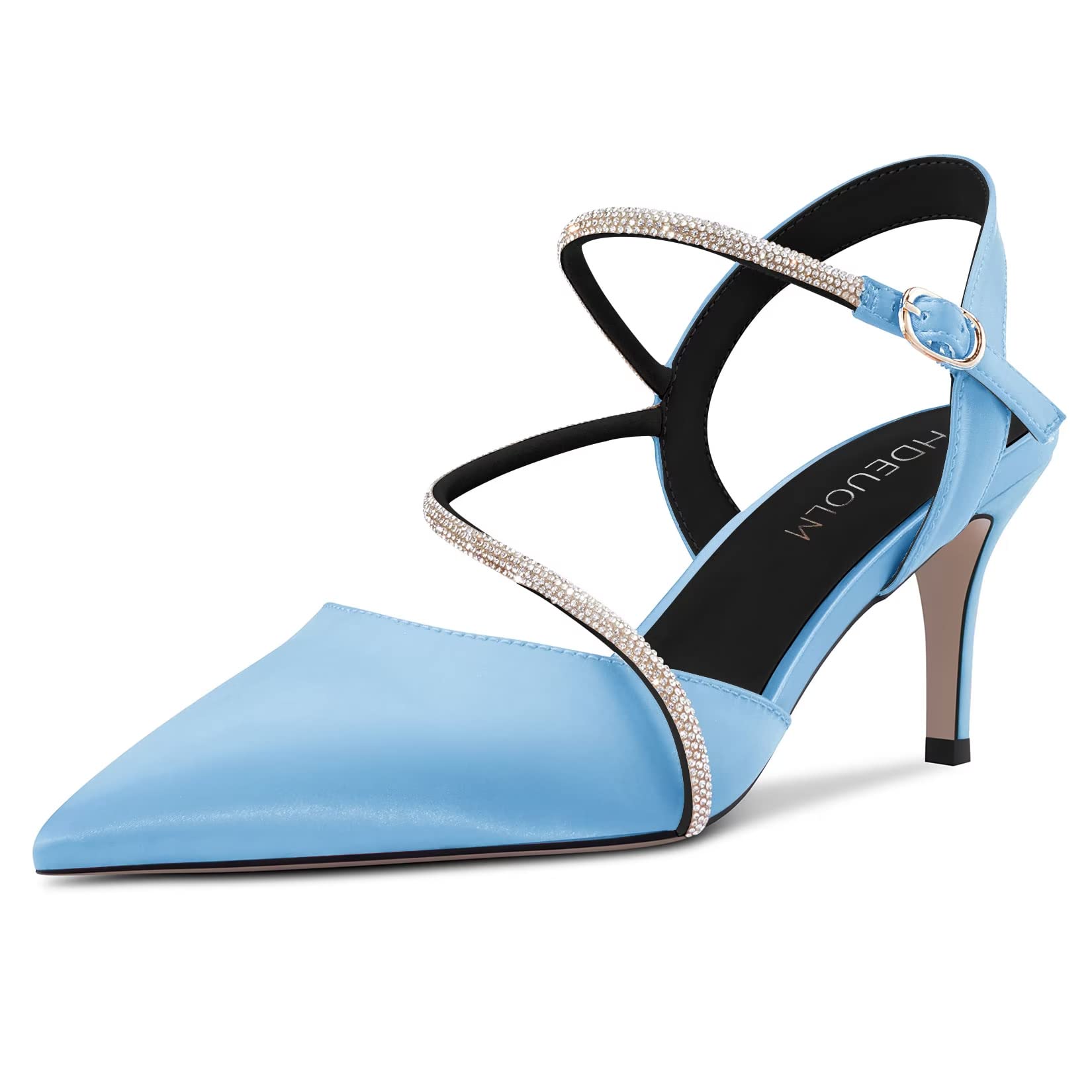 HDEUOLM Women's Needle Mid Heel Pointed Toe Sandals Slingback Diamond Crystal Pa