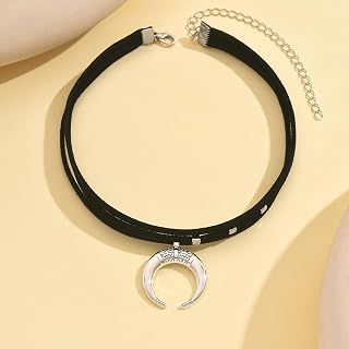 Vintage Crescent Moon Pendant Choker Necklace, Black Velvet Ribbon, Bohemian Distressed Silver Choker Necklace, Popular Design, Clavicle Chain