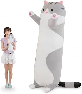 Cute Cat Plush Long Body Pillow Cuddle Cartoon Stuffed Animals Cat Plushie Soft Doll Pillows Gifts for Kids Girls (Gray, 19 Inches), 1 Count (Pack of 1)
