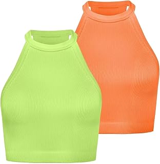 Sunzel Women's Ribbed Seamless Halter Neck Cropped Yoga Worokout Tank Top