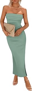 PRETTYGARDEN Women Summer Bodycon Maxi Tube Ribbed Strapless Side Split Long Casual Elegant Party Dress