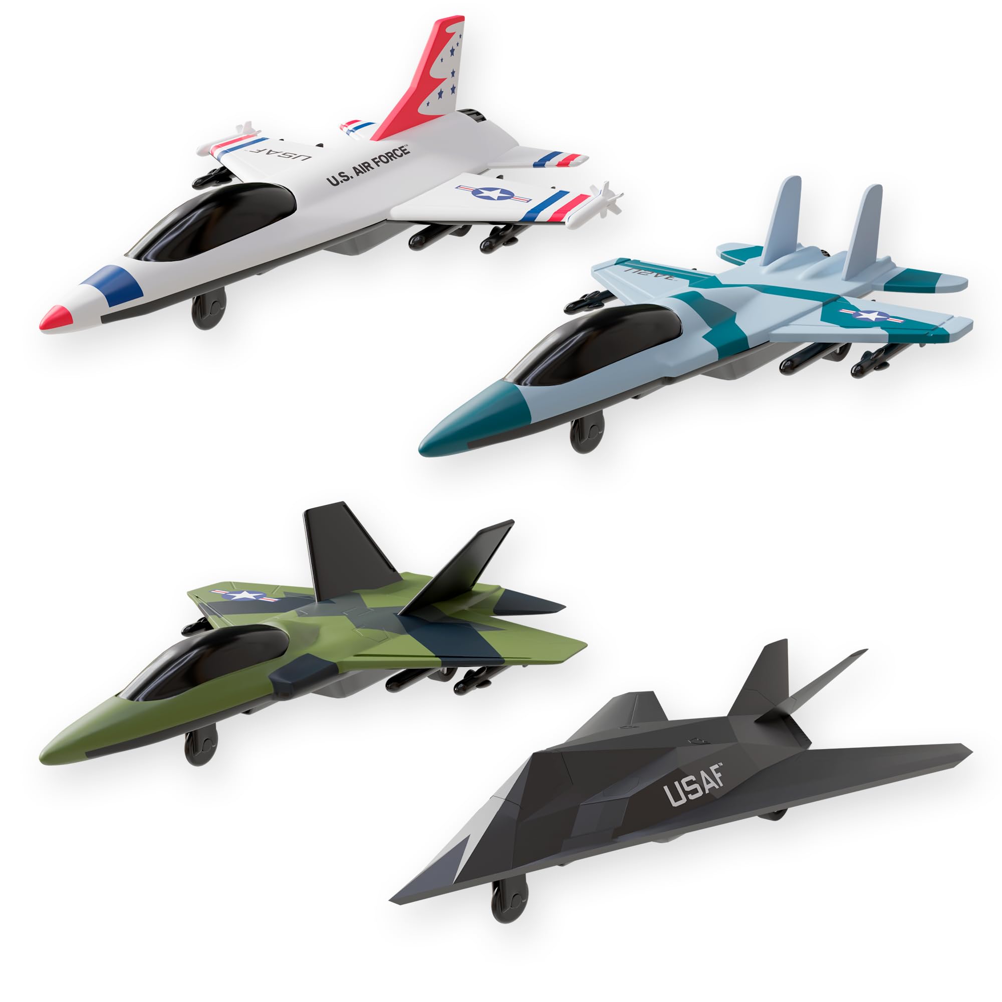 United Sates Air Force 4-Pack Toy Jet Squadron Die Cast Airplanes, Pull Back Mil