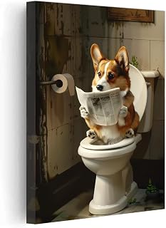 PBXBJY Bathroom Corgi Wall Art Funny Dog Bathroom Decor Corgi on Toilet Poster Prints Cute Animal Canvas Artwork for Restroom Toilet Wall Decor Framed (12.00" x 18.00")