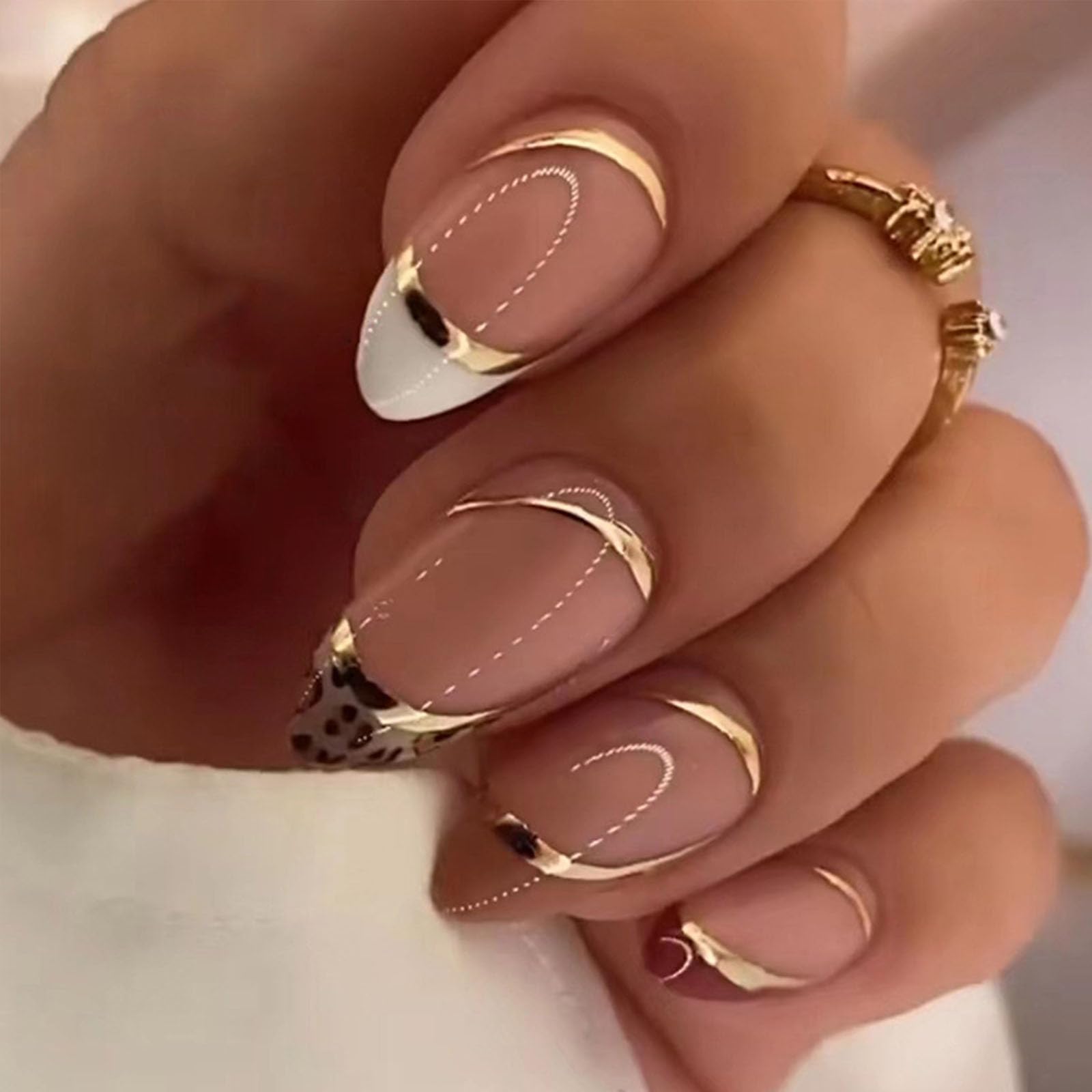 Golden French Style Press-On Nails, Short & Round Nails, Shiny Gold Foil with Sp