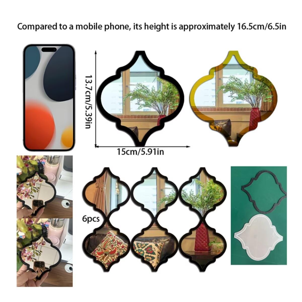 3 Pcs Moroccan Style Acrylic Mirror Wall Stickers - Self Adhesive Decorative Mir