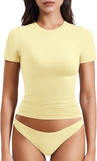 YEOREO Ease Women Fitted Workout Tops | T Shirts, Short Sleeve, Double Lined, Basic, Y2K, Crew Neck, Buttery Soft,Compression Crop