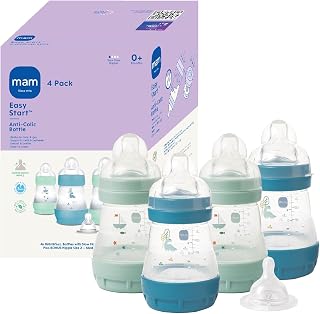 MAM 5oz Easy Start Anti-Colic+ Vented Baby Bottle, 0+ Months, 4 Pack, Boy | Slow Flow Breastfeeding-Like Nipple, Dual Anti-Colic Bottle Reduces Gas & Reflux, Easy Clean, BPA Free, Made In Europe