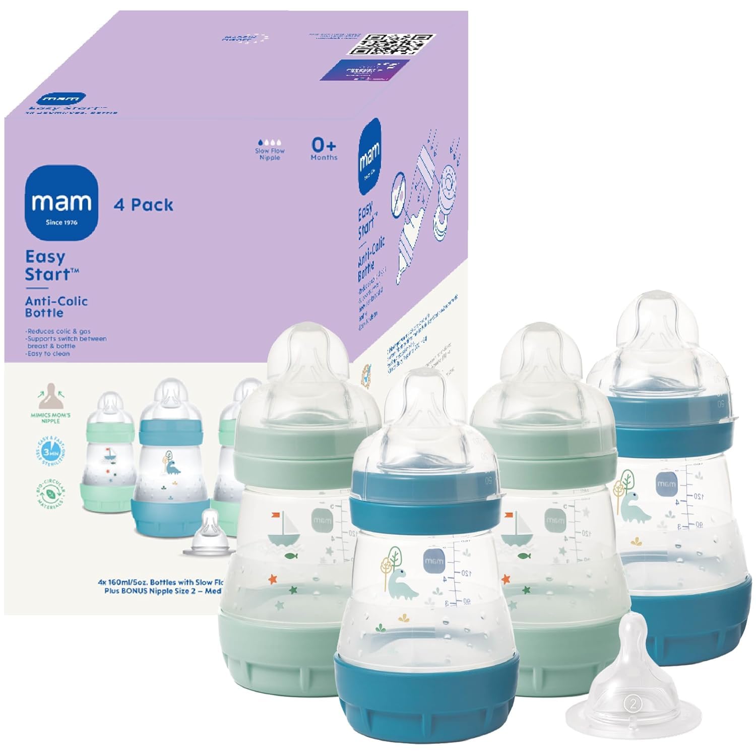 MAM 5oz Easy Start Anti-Colic+ Vented Baby Bottle, 0+ Months, 4 Pack, Boy | Slow