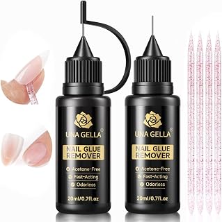 UNA GELLA 20ml*2PCS Nail Glue Remover for Press on, Multi-Functional Pinpoint Glue Remover Fast Removal Gentle Non-Acetone with Crystal Sticks for Nails Polish False Acrylic Nail Tips Home DIY