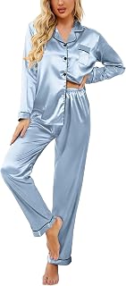 Ekouaer Satin Pajamas for Women Long Sleeve Pajamas Set Button Down Sleepwear V Neck Sleepwear Two-Piece Sets Home Suit