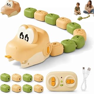 Magnetic Snake Game Toy Eating Itself, Remote Control Snake Game, Rechargeable RC Snake with Lights & Sounds, Interactive Family Toy, Tail Lengthens as It Collects Magnetic Blocks，Yellow-8 Beans