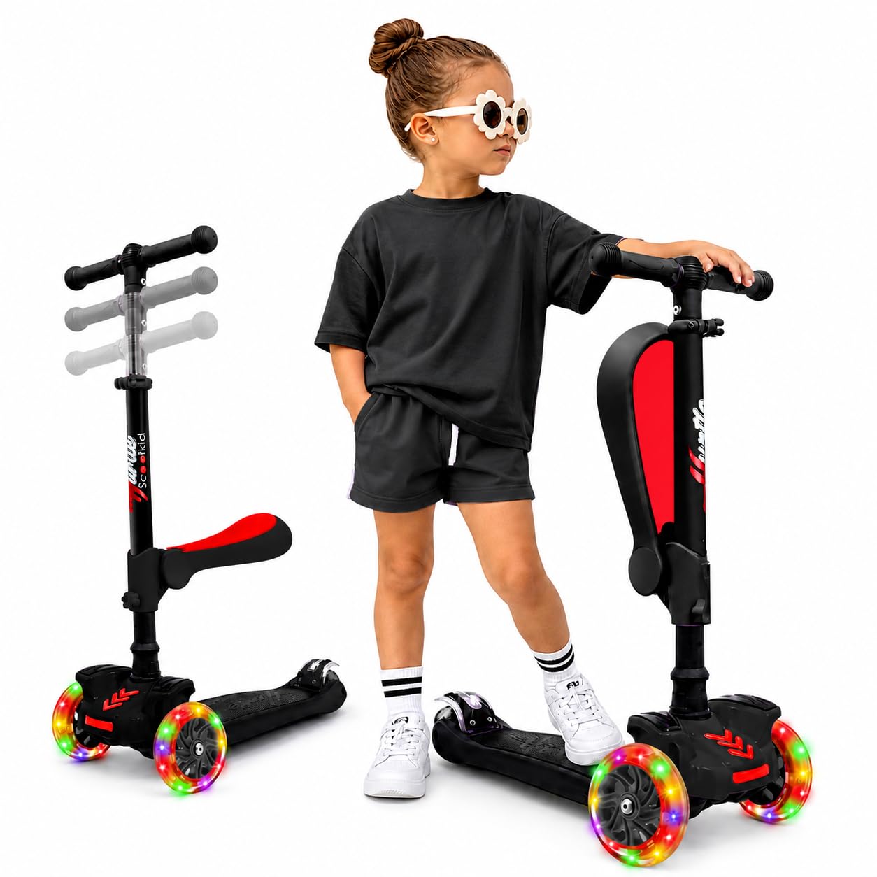 Hurtle 3-Wheel Tri Scooter for Kids ages 4-7, Scooter with Seat, Foldable, Flash