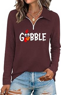 Damen Halloween Thanksgiving Half Zip Langarm Poloshirt Casual Holiday Style Top