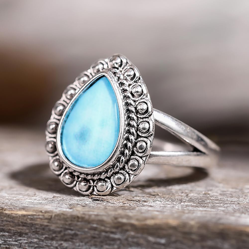 Blue Teardrop Resin Vintage Rings for Women Retro Style Jewelry