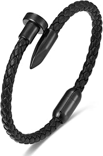 Men's Braided Leather Bracelet with Black Stainless Steel Nail Ornament, Slim Leather Bangle Bracelet for Men and or Women, Minimalist and Urban Style Unisex