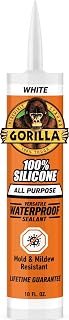 Gorilla 100% Silicone Waterproof Caulk, All-Purpose, White, 10 oz Cartridge | 30-Minute Water-Ready Cure, Mold and Mildew Resistant, Highly Flexible Sealant