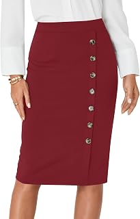LYANER Women's Basic High Waist Pencil Bodycon Button Knee-Length Straight Office Midi Skirt
