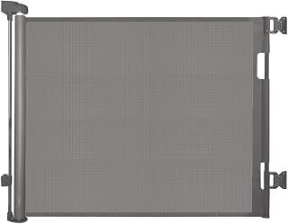 Retractable Mesh Baby & Dog Gate for stairs, 86cm Tall x 140cm Wide, Grey | Space-saving retractable gate for stairs, doorways and hallways; indoor/outdoor use; hardware mounting and drilling required.