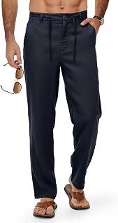 TBMPOY Men's Linen Pants Casual Travel 5 Pockets Lightweight Breathable Dress Pants Summer Beach Work Trousers