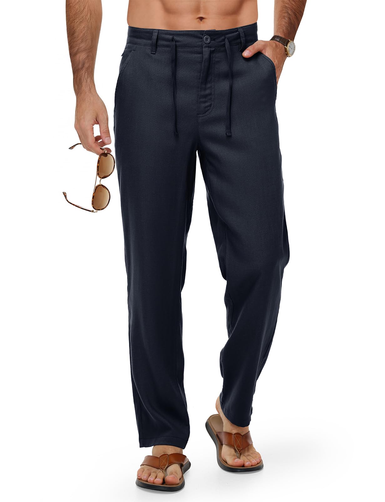 TBMPOY Men's Linen Pants Casual Travel 5 Pockets Lightweight Breathable Dress Pa