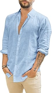 Runcati Mens Linen Turndown Collar Long Sleeve Leisure Shirt