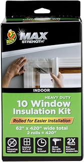 Duck MAX Strength Window Insulation Kit, Winter Window Seal Kit Fits up to 10 Windows, Heavy Duty Shrink Film Cuts to Size for Easy Indoor Installation, Window Tape Included,62 In. x 420 In., Clear