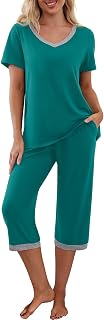 PrinStory Women's Short-Sleeved V-Neck Pyjama Set, T-Shirt and Pyjama Bottoms with Pockets