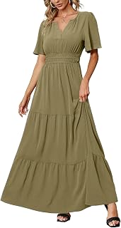 Amegoya Women's Short Sleeve V Neck Formal Wedding Guest Maxi Dresses Spring Fall Evening Party Long Dresses