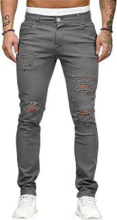 HUNGSON Men's Blue Slim Fit Jeans Stretch Destroyed Ripped Skinny Jeans Side Striped Denim Pants