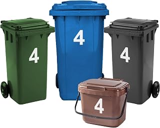4 Pack Bin Numbers for Wheelie Bins 0-99/A-D | Large Number Stickers (4) | 17.5cm numbers, 8cm letters, self-adhesive vinyl, weatherproof, stick on, food caddy, food waste & dustbin use