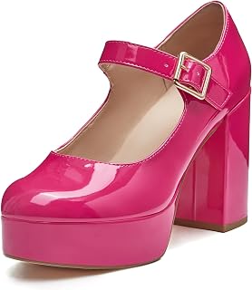 Coutgo Zapatos de vestir Mary Jane con puntera redonda y correa en T para mujer, Style 02-Hot Pink, 37.5 EU