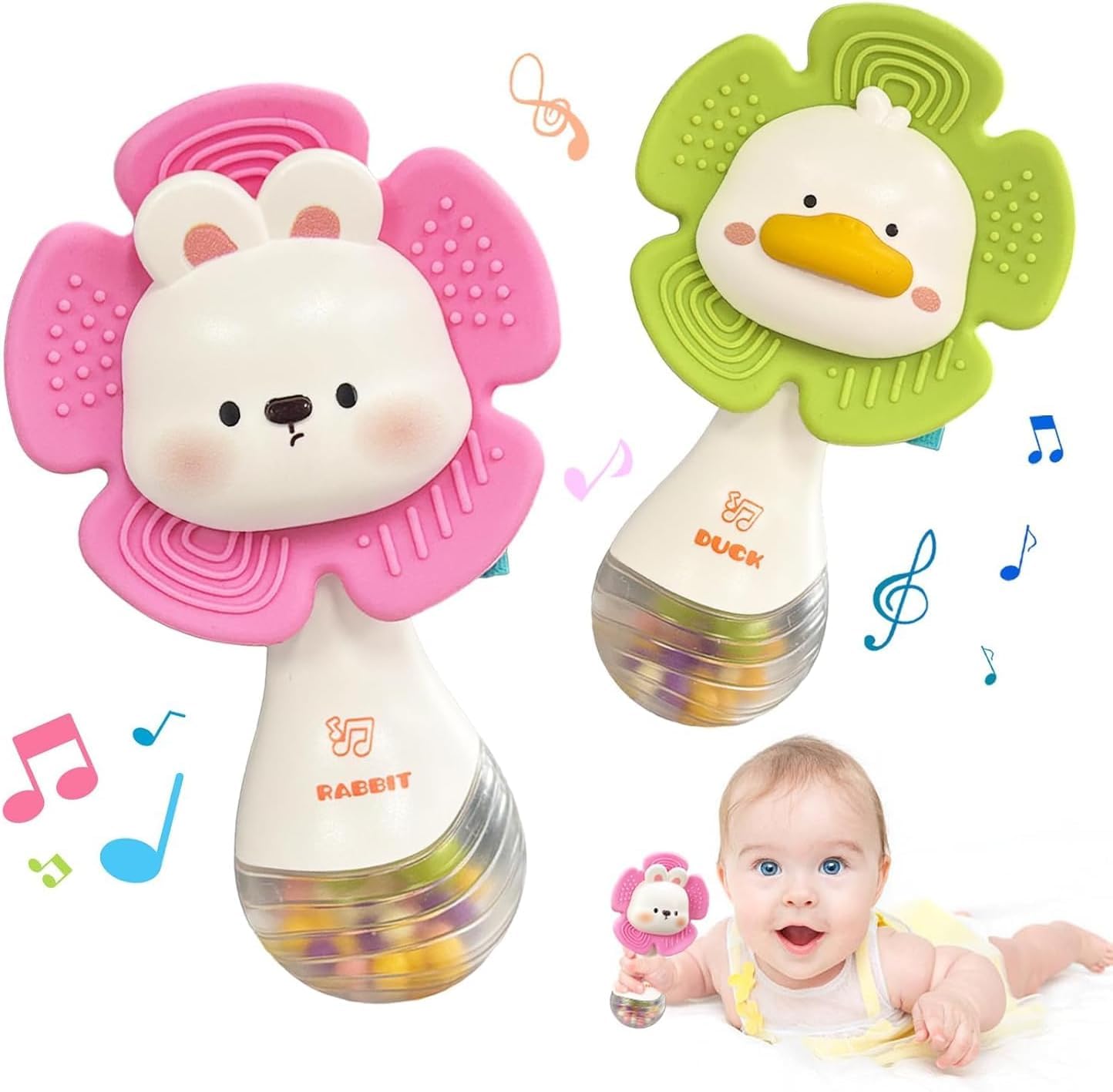 2 PCS Baby Rattles Teething Toys 3-6 Month, Baby Toys for 0-6 Months | Infant To