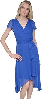 DKNY Womens Flutter Sleeve Surplice Tie Fit & Flare Midi DressDress