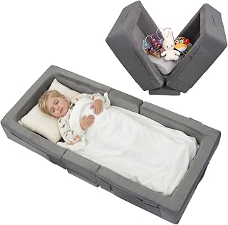 ENITYA Portable Toddler Travel Bed with Soft Foam Safety Rails | Foldable Floor Bed for Kids Ages 25 Months to 48 Months, No Assembly, Washable Cover,Compact for Travel &amp; Home Use,Grey