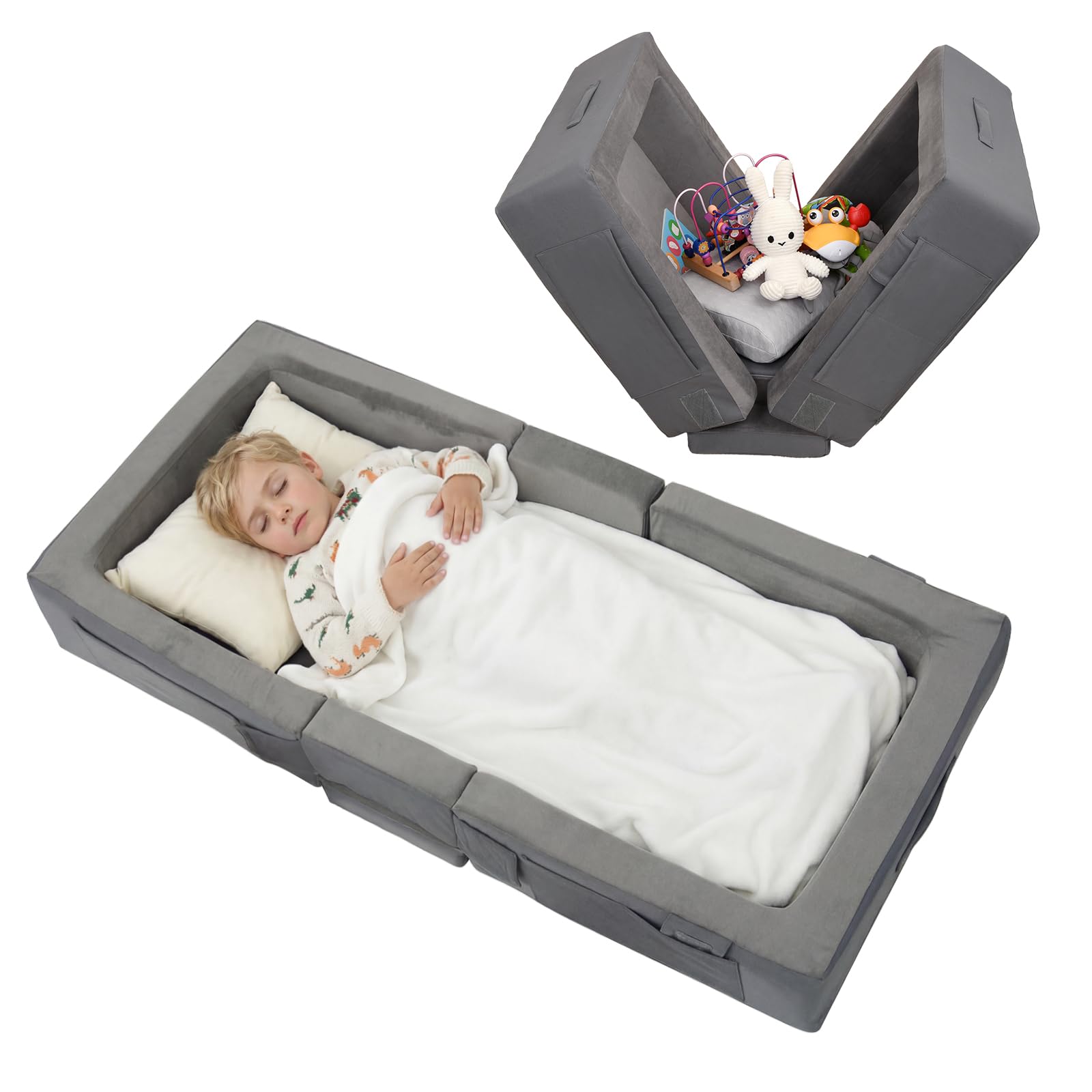 ENITYA Portable Toddler Travel Bed with Soft Foam Safety Rails | Foldable Floor 