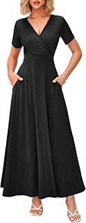 WNEEDU Women's Summer Maxi Dress Wrap Short Sleeve with Pockets