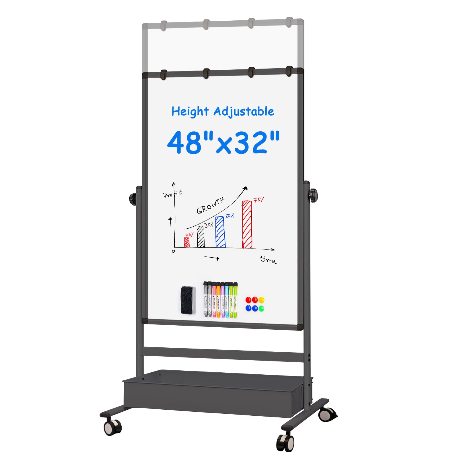 Maxtek Mobile White Board on Wheels 48x32, Magnetic Storage Easel Standing | Hei