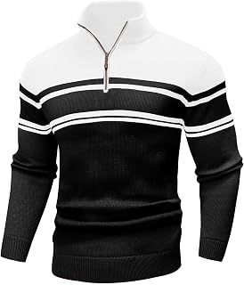 Mens Sweater Quarter Zip Sweater Striped Fall Winter Polo Pullovers
