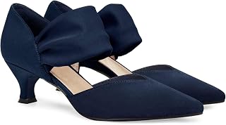 Coutgo Women's Low Kitten Heel Dress Shoes Lace Toe Slip On Ankle Strap Neckline Elegant Party Wedding Pumps