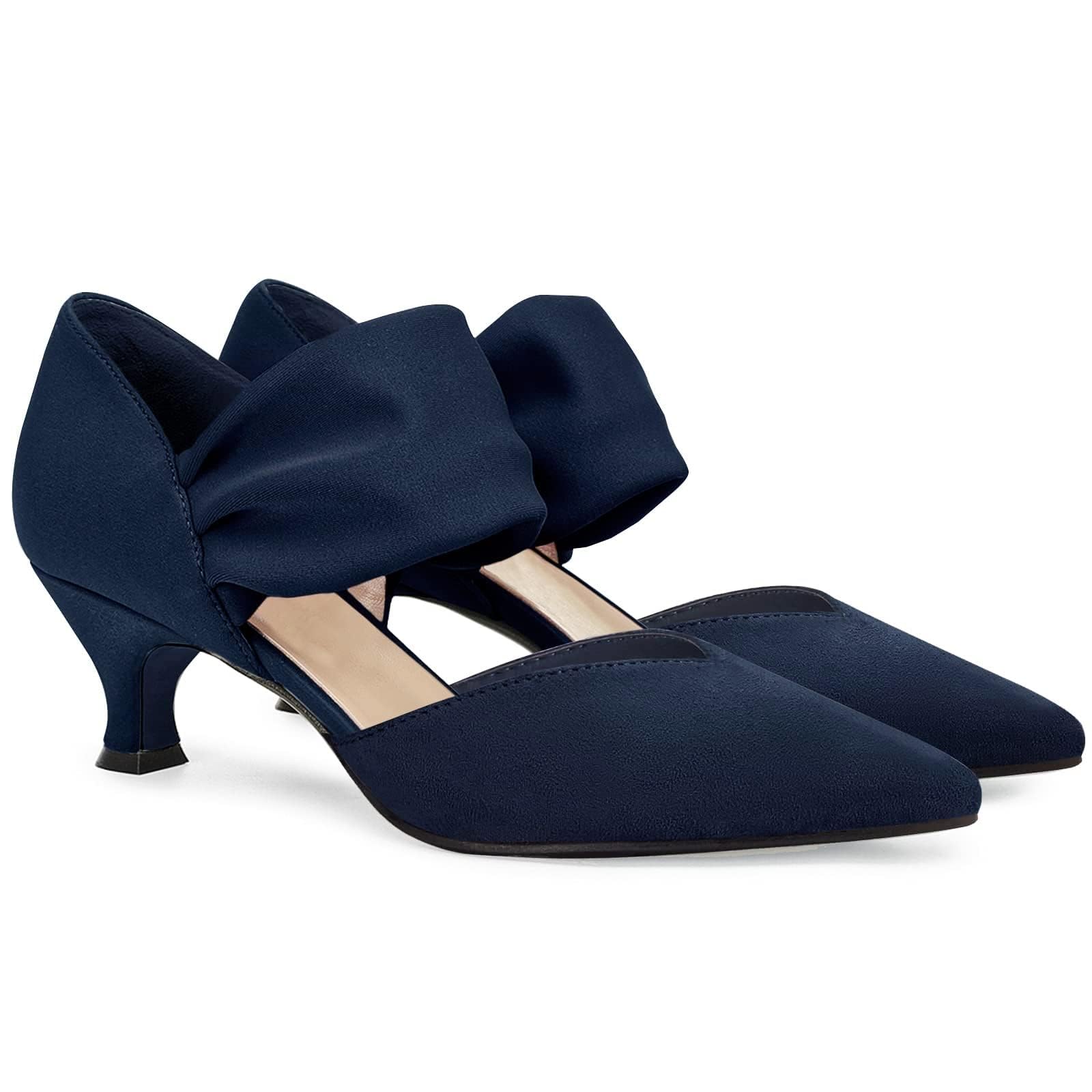 Coutgo Women's Low Kitten Heel Dress Shoes Lace Toe Slip On Ankle Strap Neckline