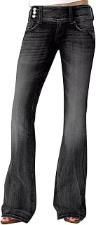 FUPODD Summer Jeans Women's Lightweight Flared Jeans Trousers Elegant Boyfriend Jeans Women's Mid Waist Jeans Vintage Flared Jeans with Buttons on the Side Flared Trousers Women Large Sizes