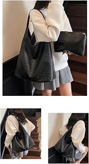 Women Vintage Woven Hobo Bag Large Capacity Soft Leather Top Handle Shoulder Bag Black Designer Underarm Tote Bags for Daily Travel