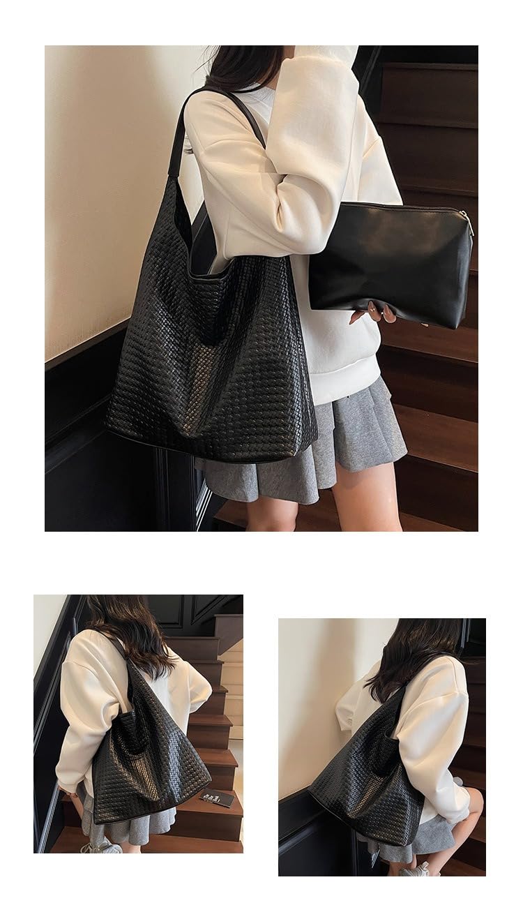 Women Vintage Woven Hobo Bag Large Capacity Soft Leather Top Handle Shoulder Bag